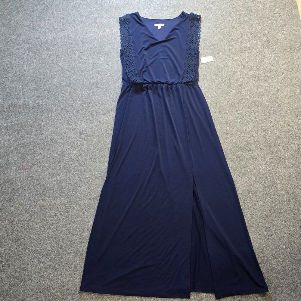 Dressbarn Dress Womens Size 14 Blue Maxi Lace Trim Sleeveless Stretch No Iron